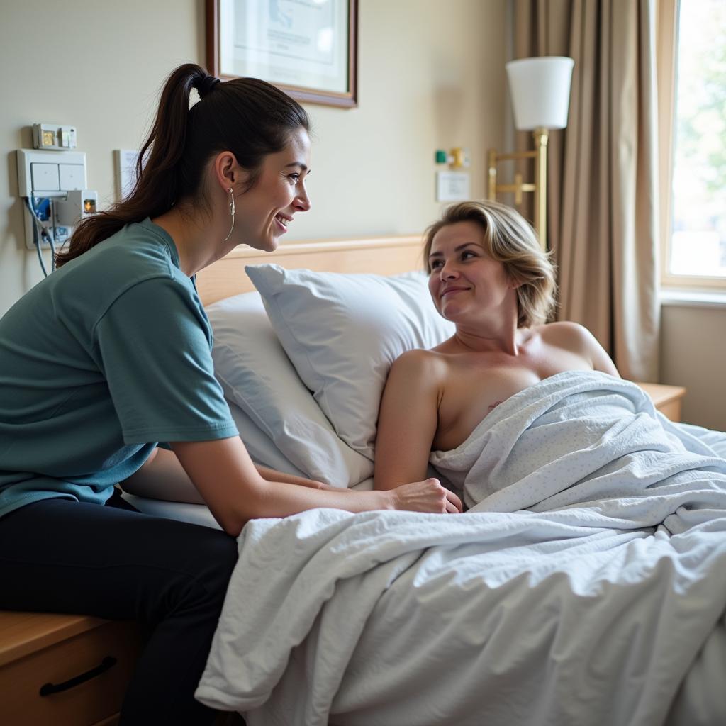 Woman visiting and comforting a patient in the hospital