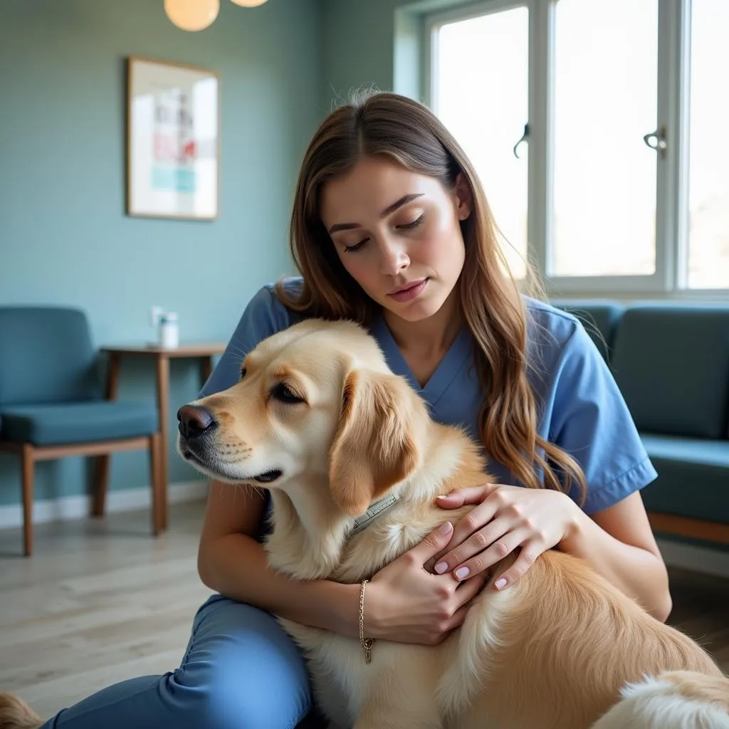 Worried pet owner comforting their dog in a veterinary waiting room.