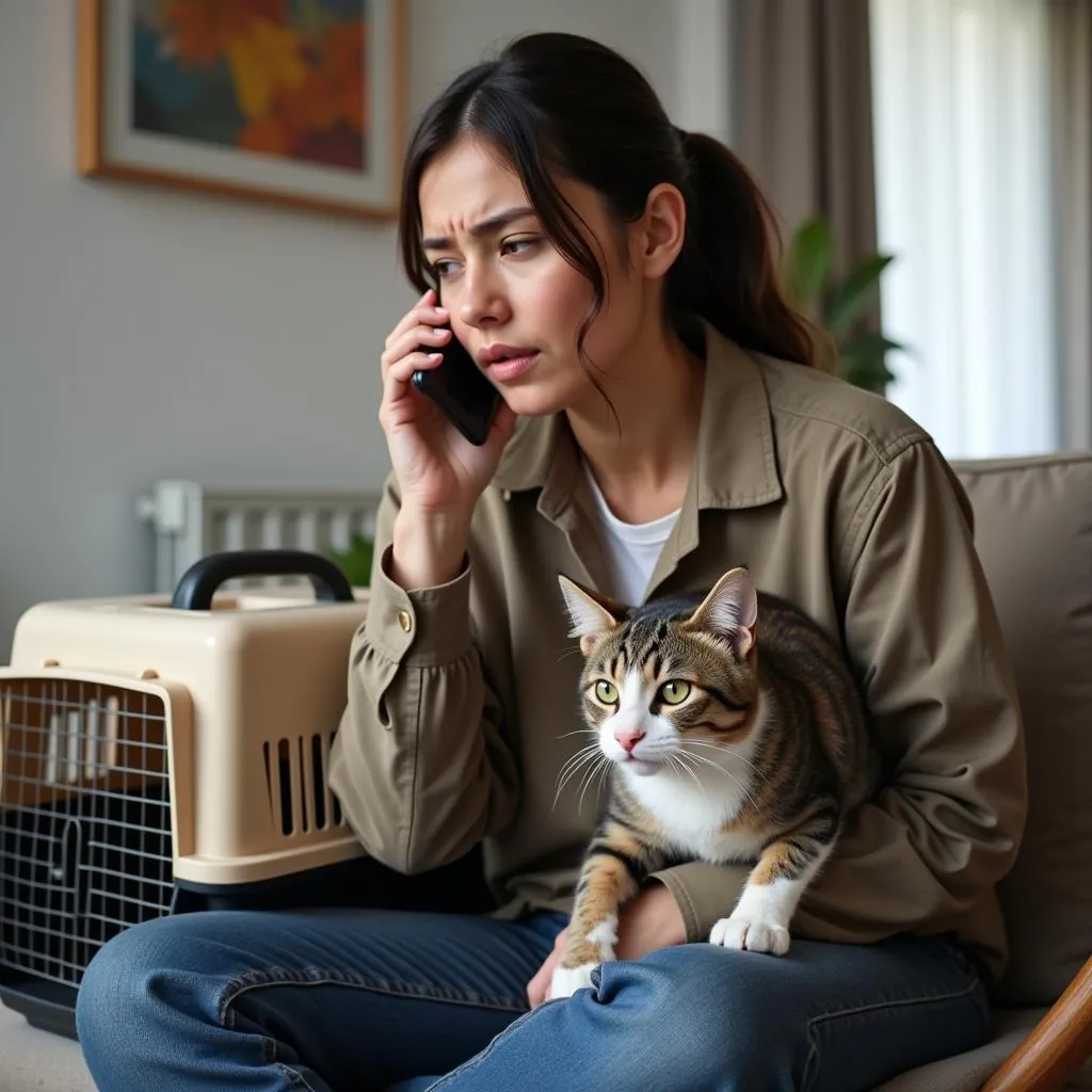 Worried pet owner on phone with cat in carrier