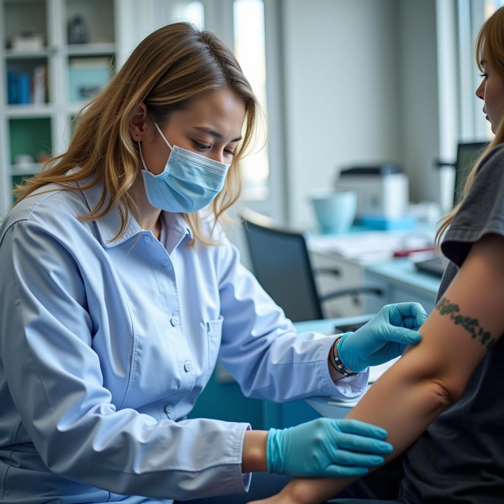 Experienced lab technician drawing blood from a patient