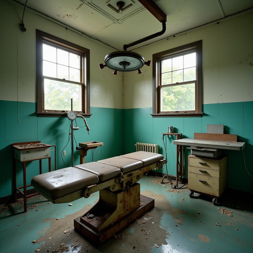 An abandoned operating room in a Miami hospital, showing rusted equipment and peeling paint.