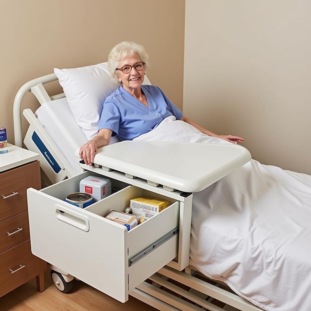 Adjustable hospital bed table with storage for an elderly patient