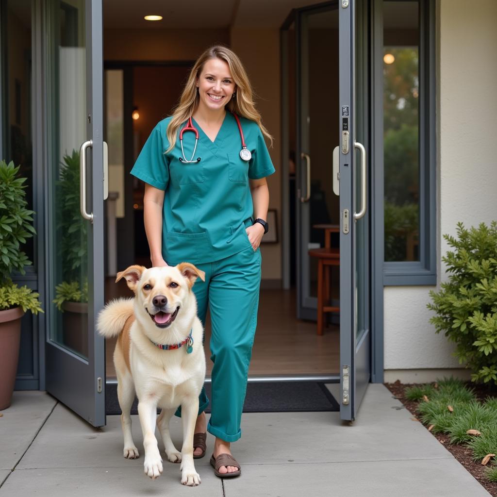 Happy pet owner leaving Amherst NH Animal Hospital