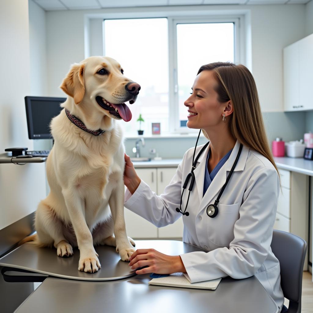 Veterinarian examining a dog in a Lakeville animal hospital exam room