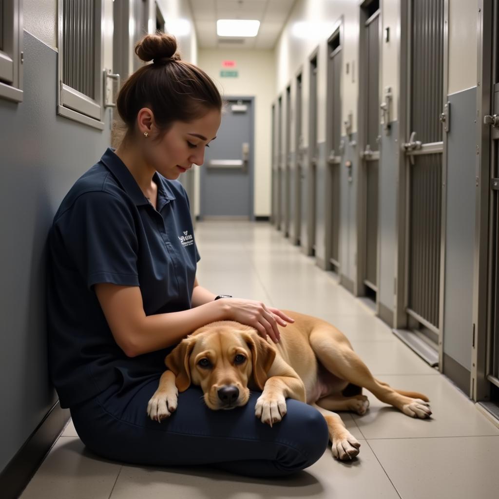 Animal Hospital Volunteer Comforting Dog