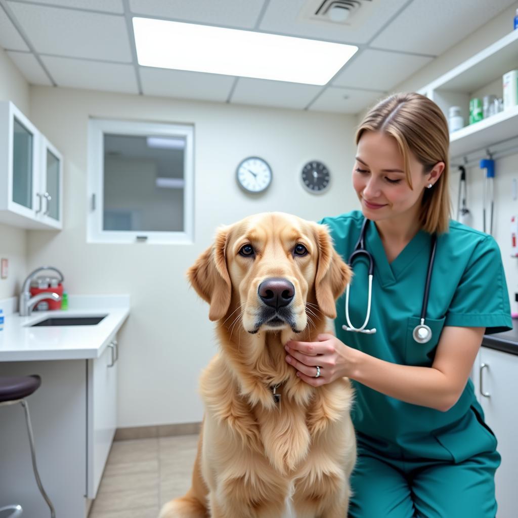 Veterinarian examining a dog in a well-equipped exam room