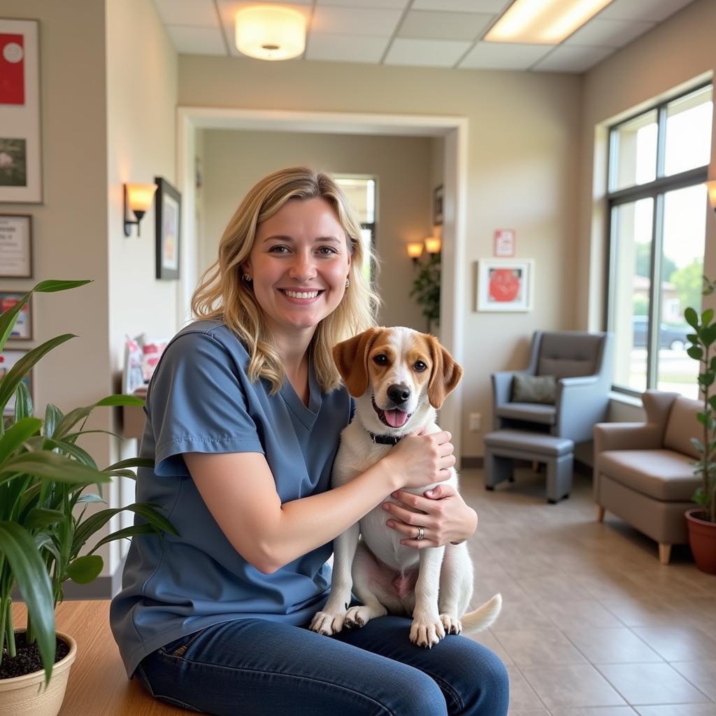 Happy pet owner with their dog at Austin Avenue Animal Hospital