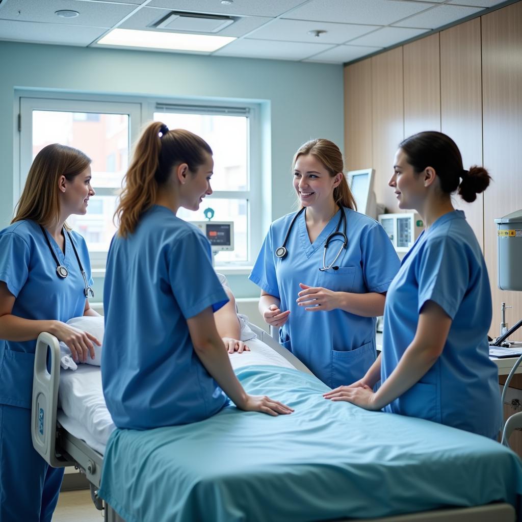 Medical professionals collaborating in a modern hospital setting, demonstrating teamwork and patient-centered care.