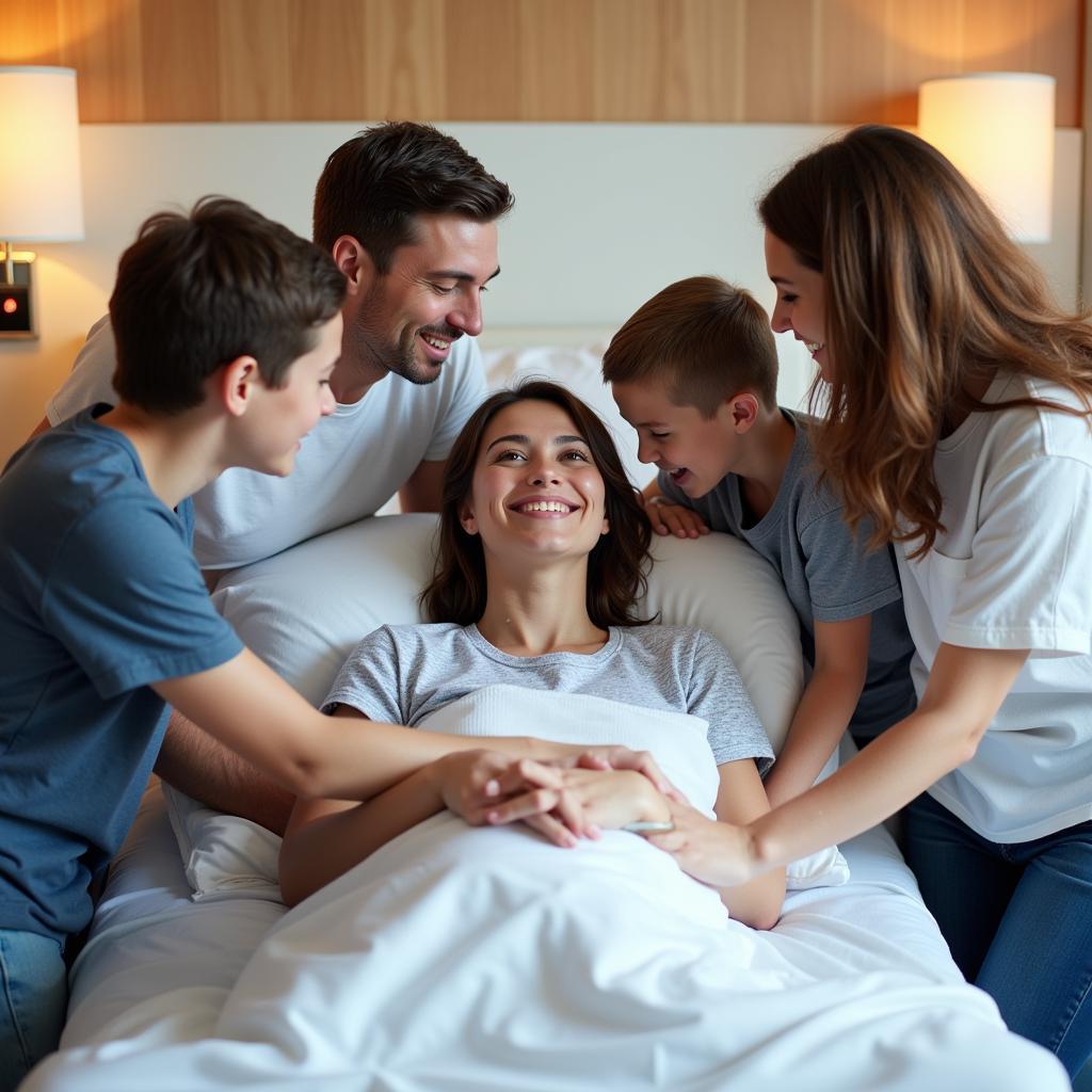 Benefits of Family Proximity During Recovery: Family members visiting a loved one in a hospital room, providing comfort and support.