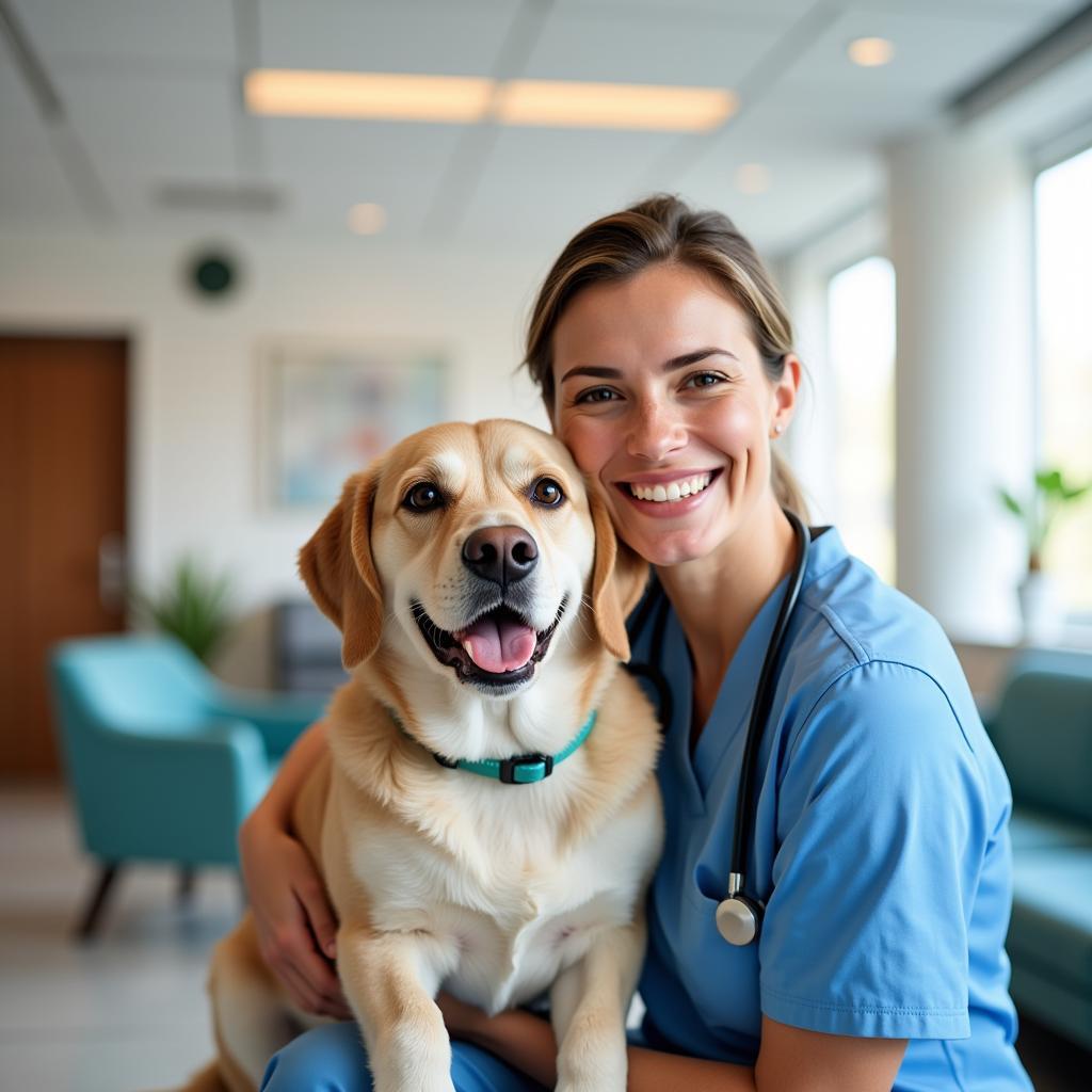 Happy pet owner with their healthy dog at Blanco Crossing Veterinary Hospital