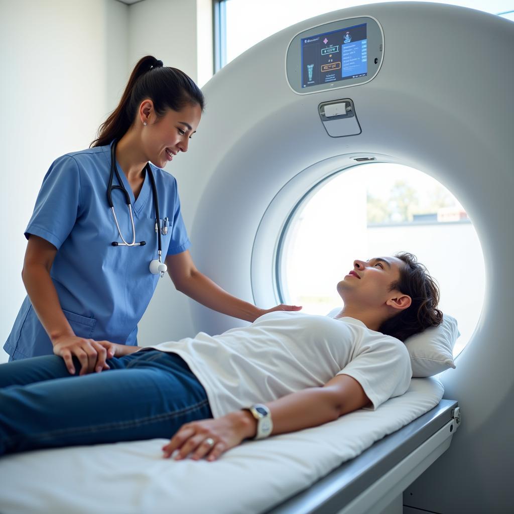 Bridgeport Hospital Outpatient Radiology Technician Preparing Patient