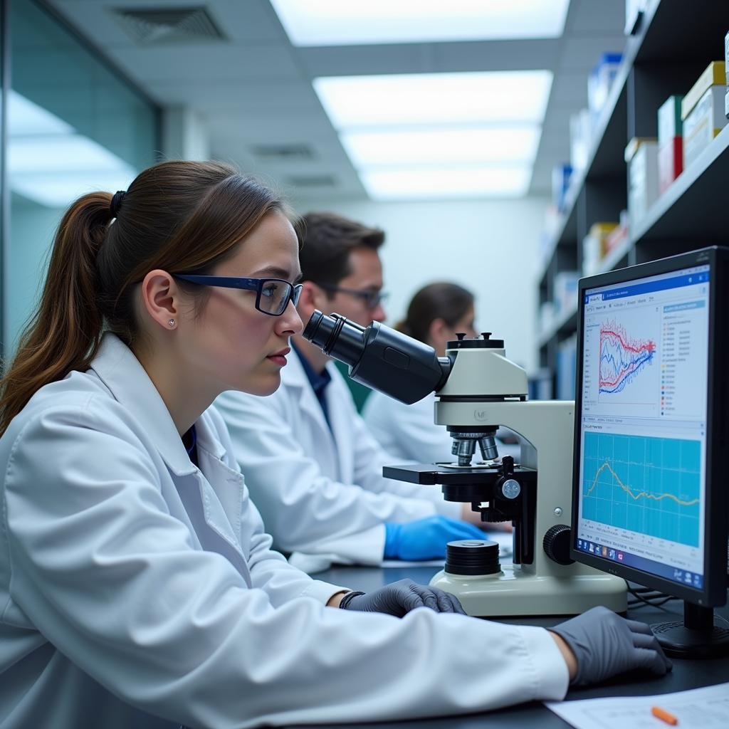 Cancer research lab with scientists working