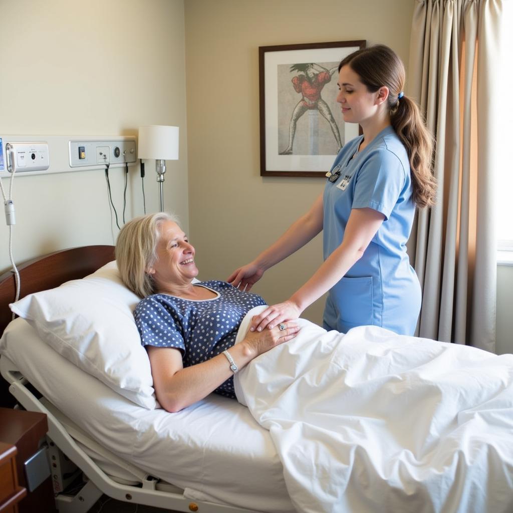 Caregiver Assisting Patient in Hospital Bed