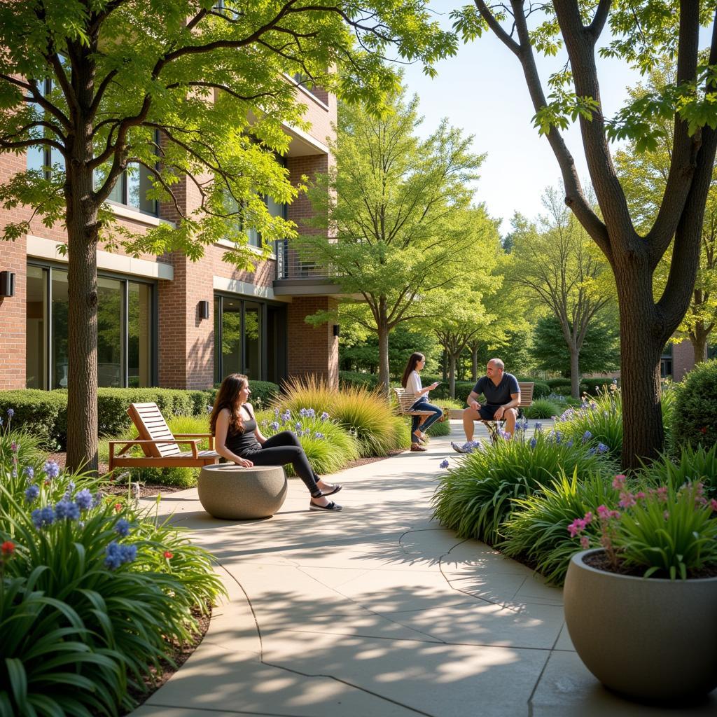 Patients relaxing in the outdoor garden area of a Carmel convalescent hospital