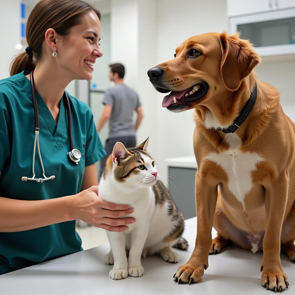 A cat and dog receiving care at a Saratoga Springs veterinary clinic