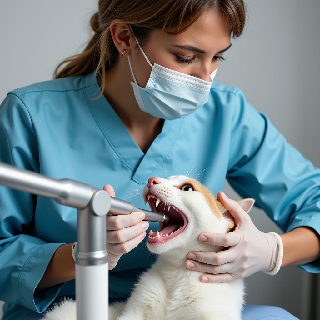 Veterinarian performing dental care on a cat