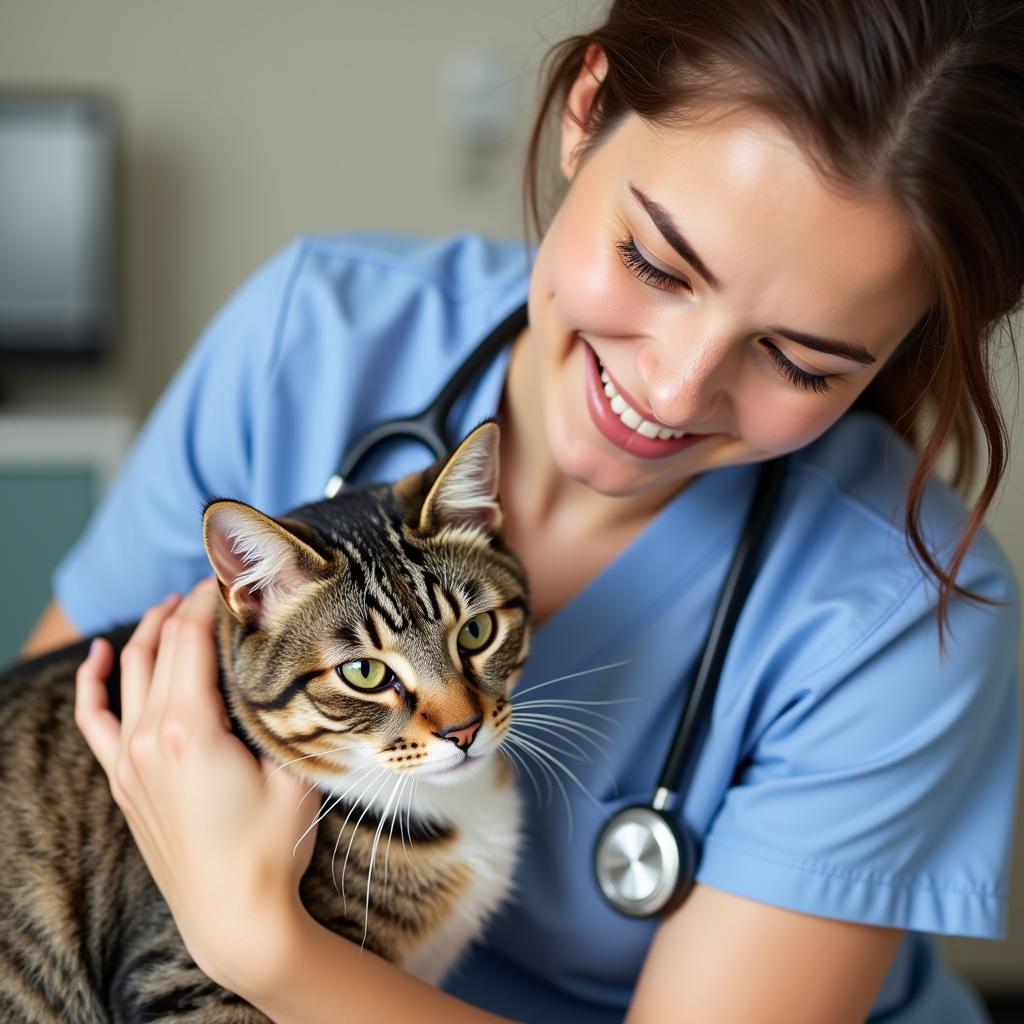 Cat receiving affection at a veterinary clinic in Great Falls