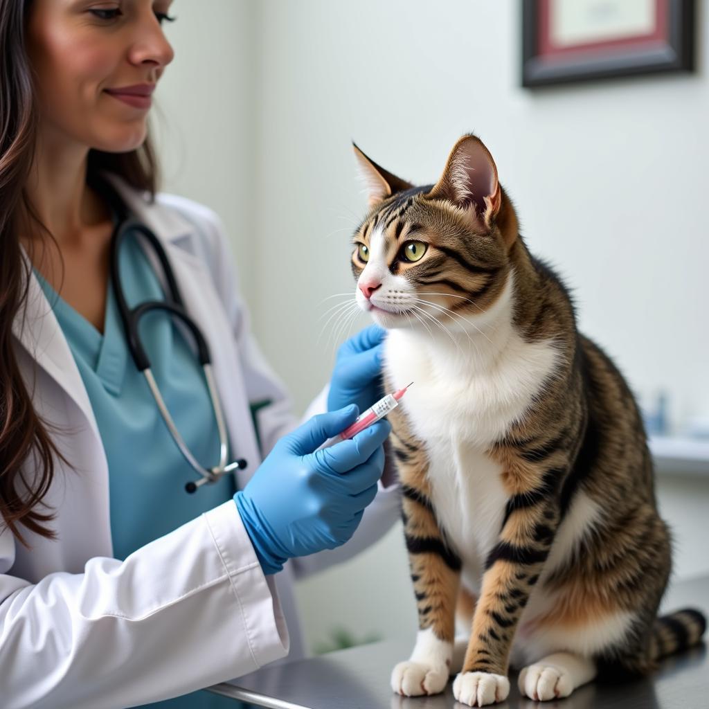 Cat receiving a vaccination at a modern animal hospital in South Boston.