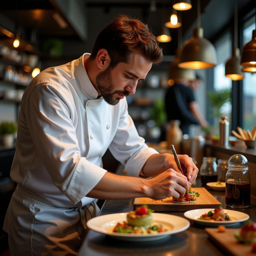 Chef Preparing a Dish in a Restaurant Kitchen