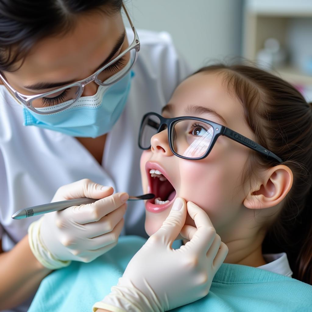 Child receiving a dental cleaning from a hygienist