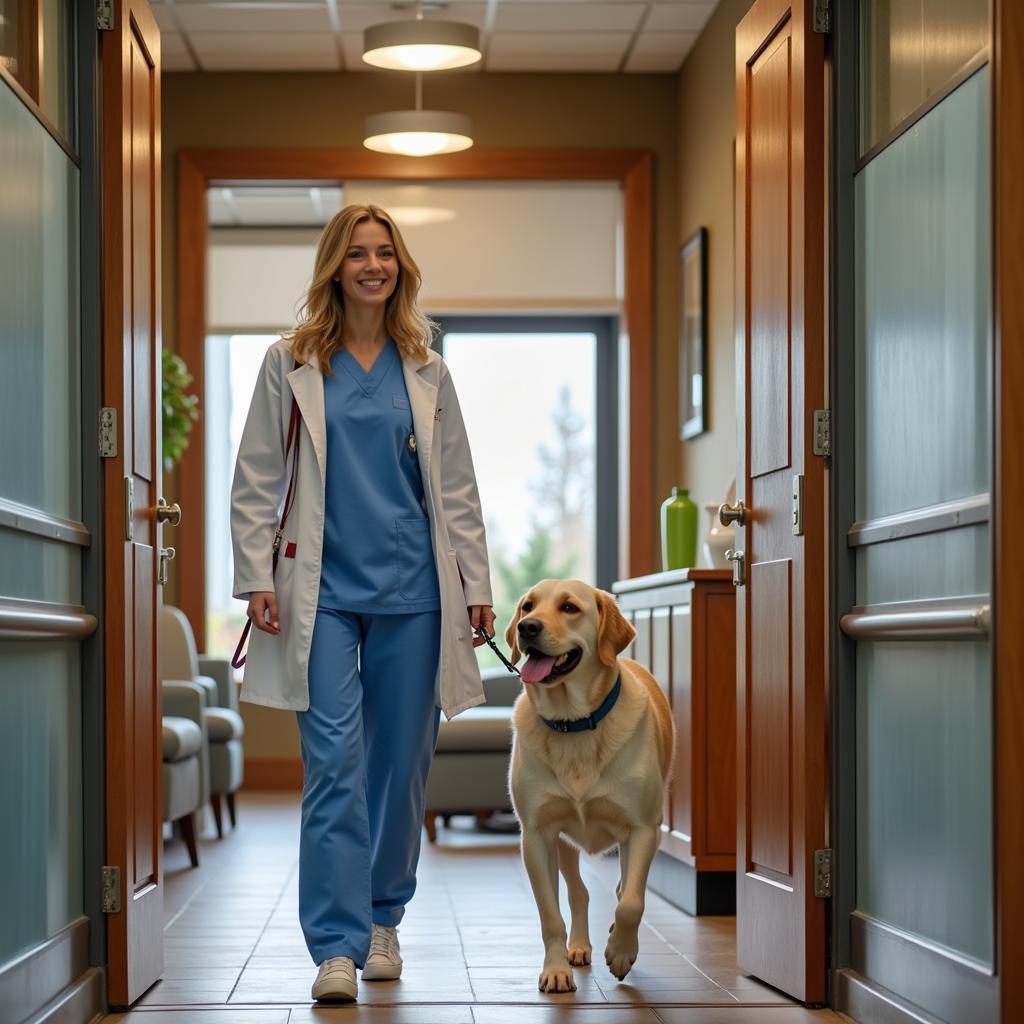 Choosing the Best Vet in Columbia Based on Reviews: A happy pet owner and their dog leaving a veterinary clinic after a positive experience.