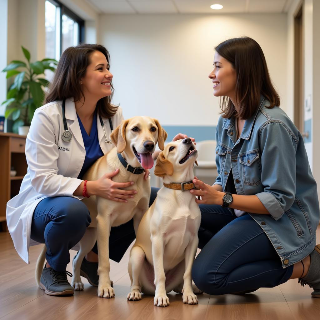 A pet owner talking to a veterinarian in a clinic in Minnesota