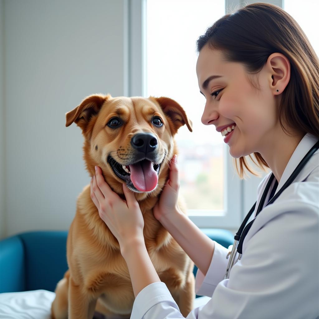 Compassionate veterinarian examining a dog at City Paws Animal Hospital