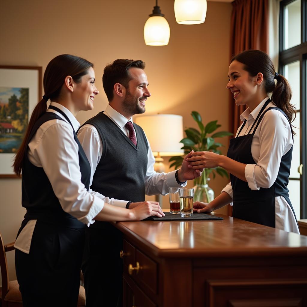 Hotel staff interacting warmly with guests, demonstrating classic hospitality.