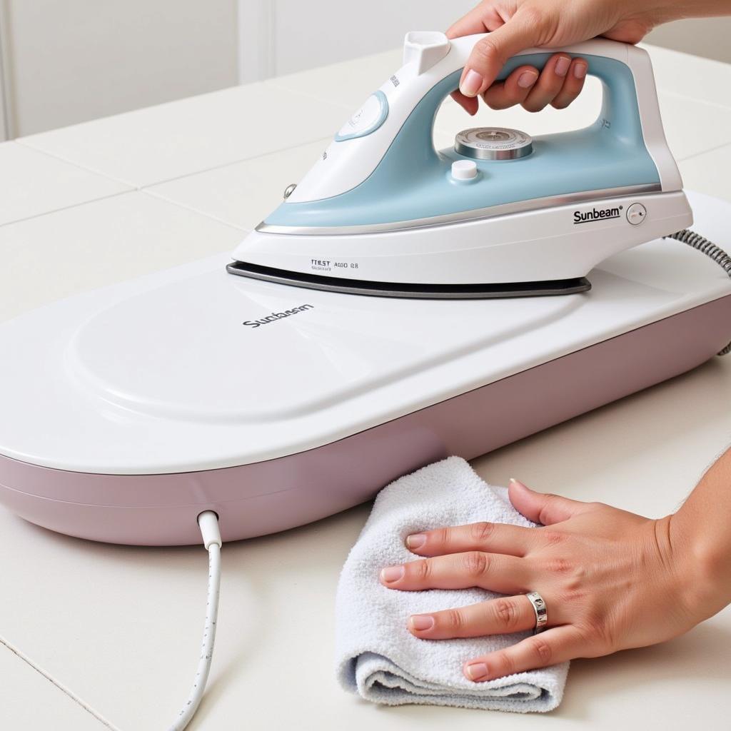 Close-up of cleaning the soleplate of a Sunbeam hospitality steam iron