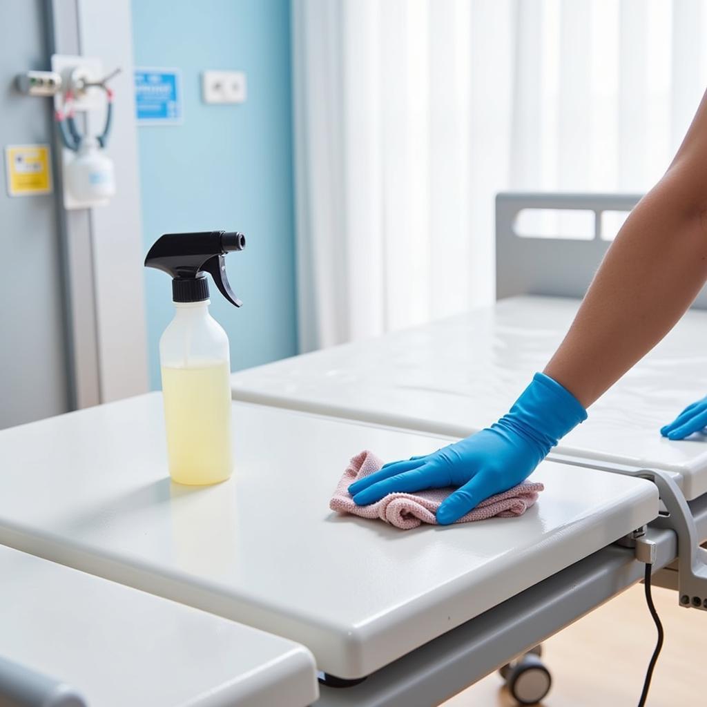 Cleaning a hospital bed and table