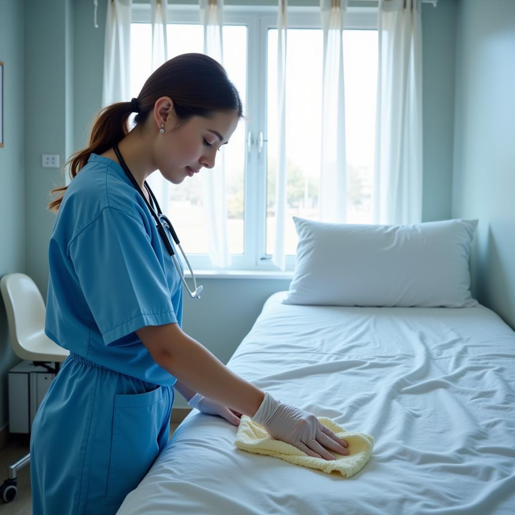 Cleaning Hospital Bedside Table with Disinfectant