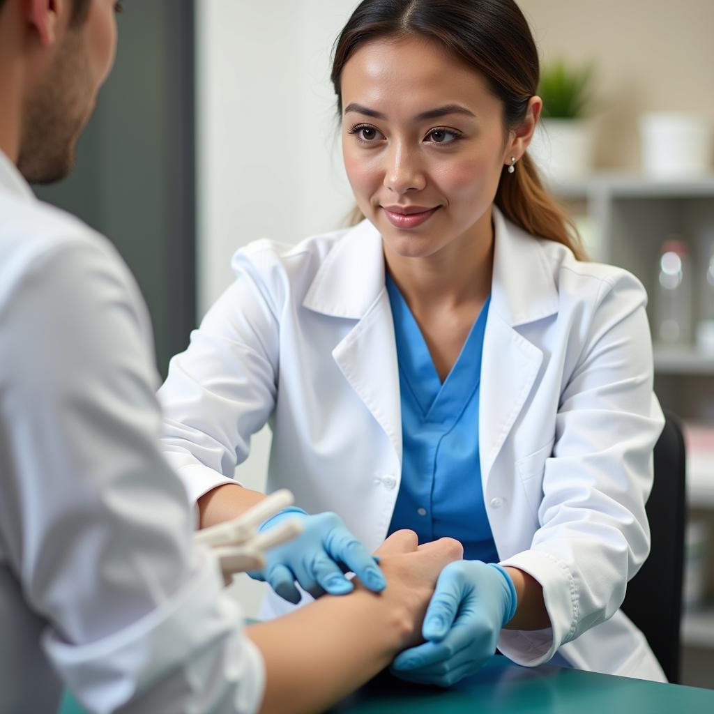 A skilled lab technician performing a blood draw on a patient in a community hospital outpatient lab