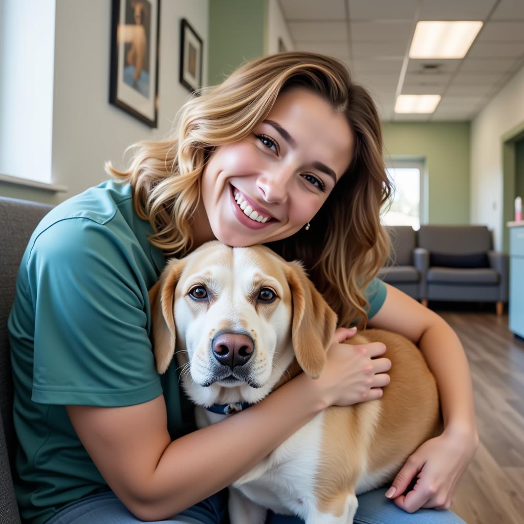 Happy pet owner with their healthy dog at Cornelius Vet Hospital