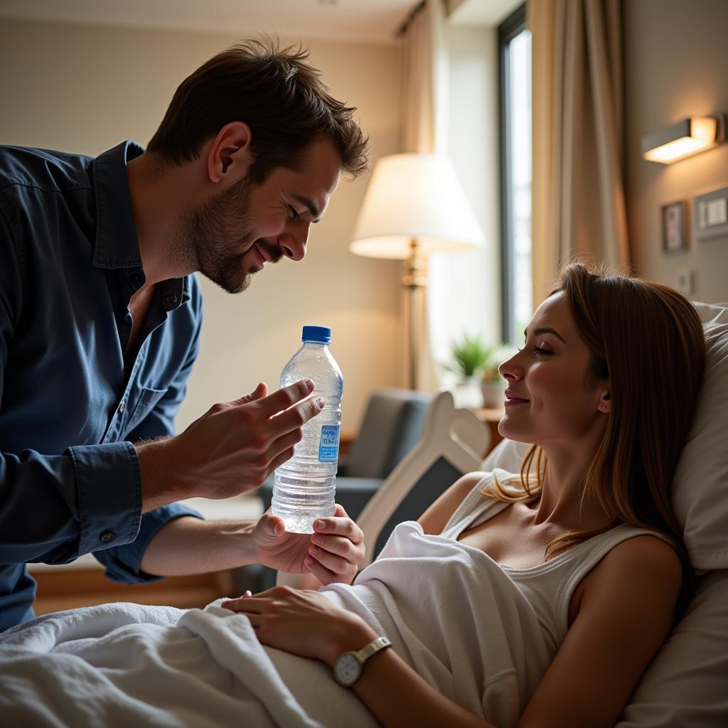 Dad supporting partner during labor by offering water and holding her hand.