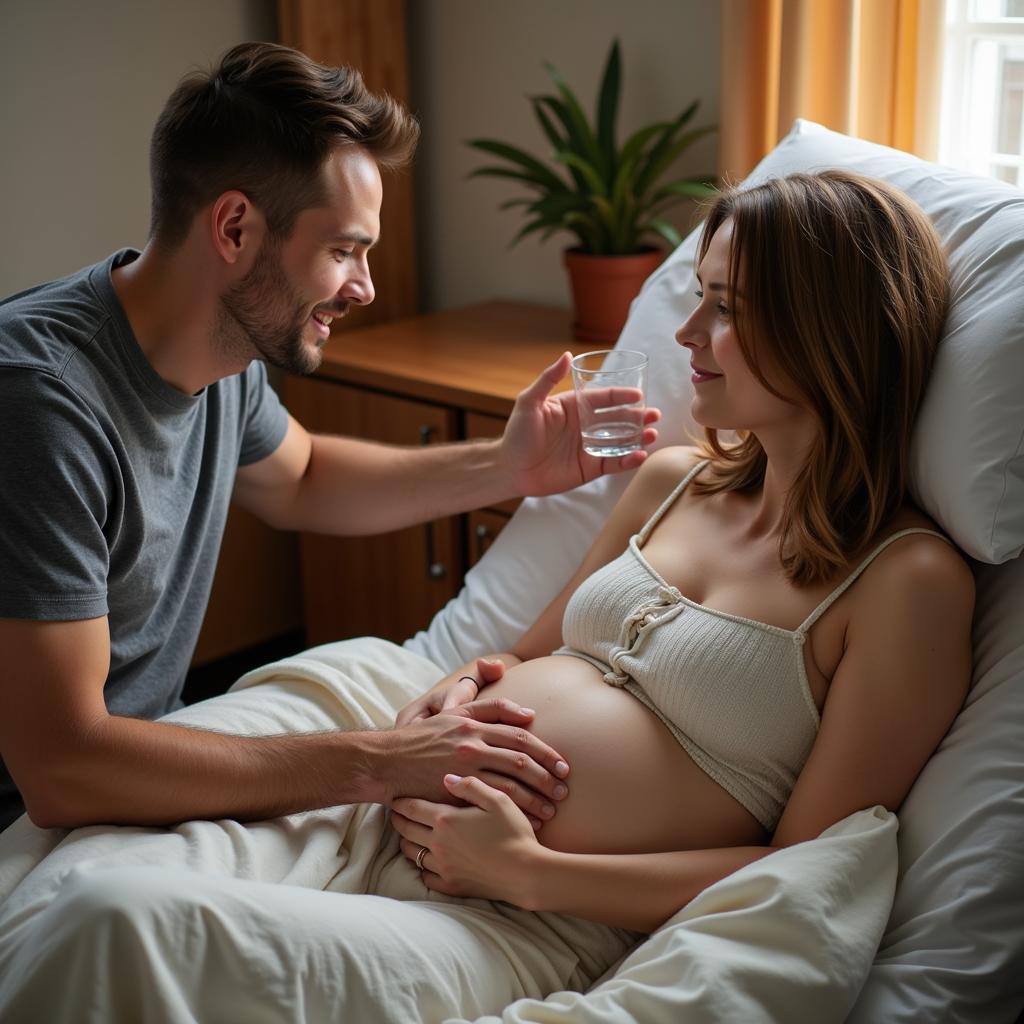 Dad supporting his partner during labor and delivery