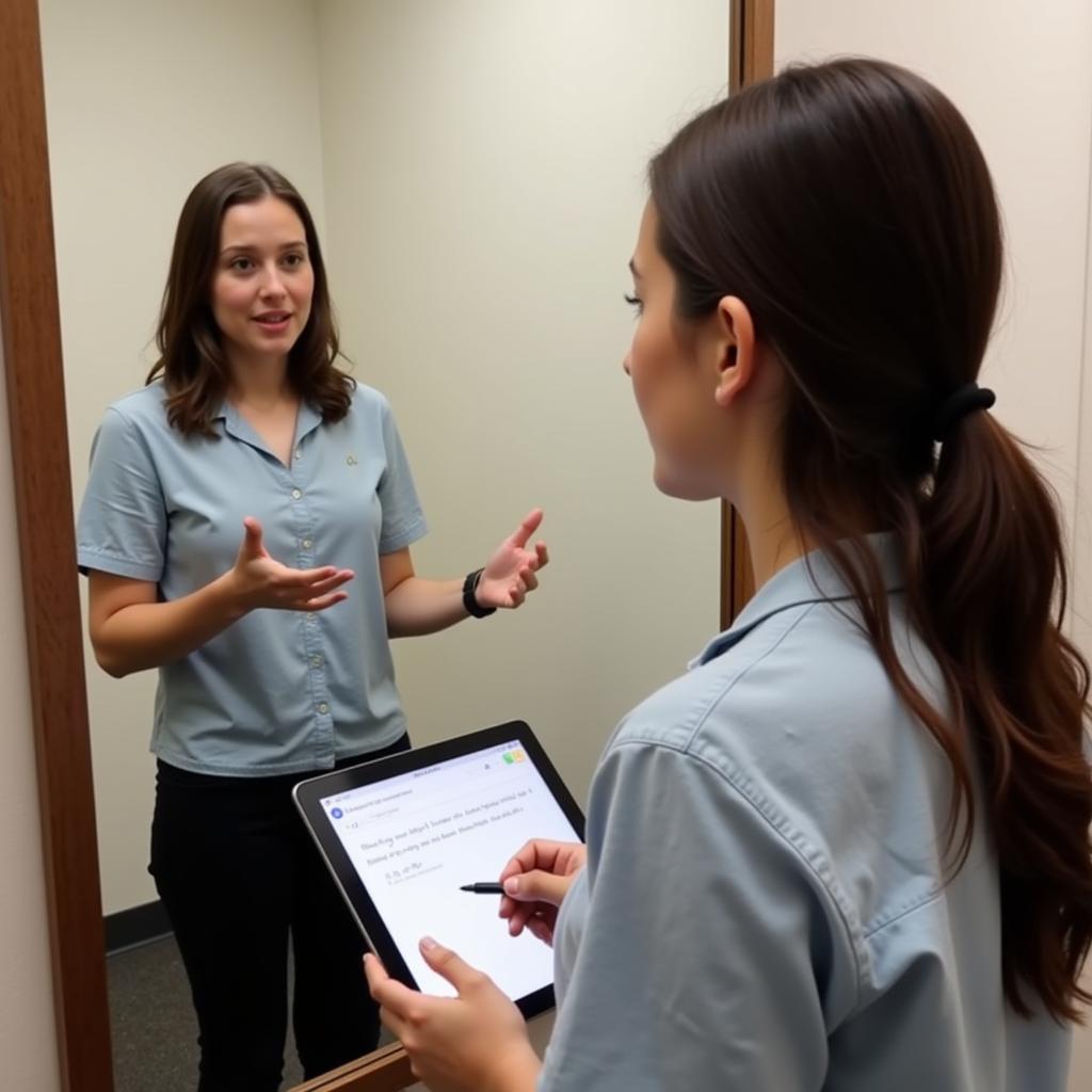 A student practicing their presentation for a DECA role play competition.