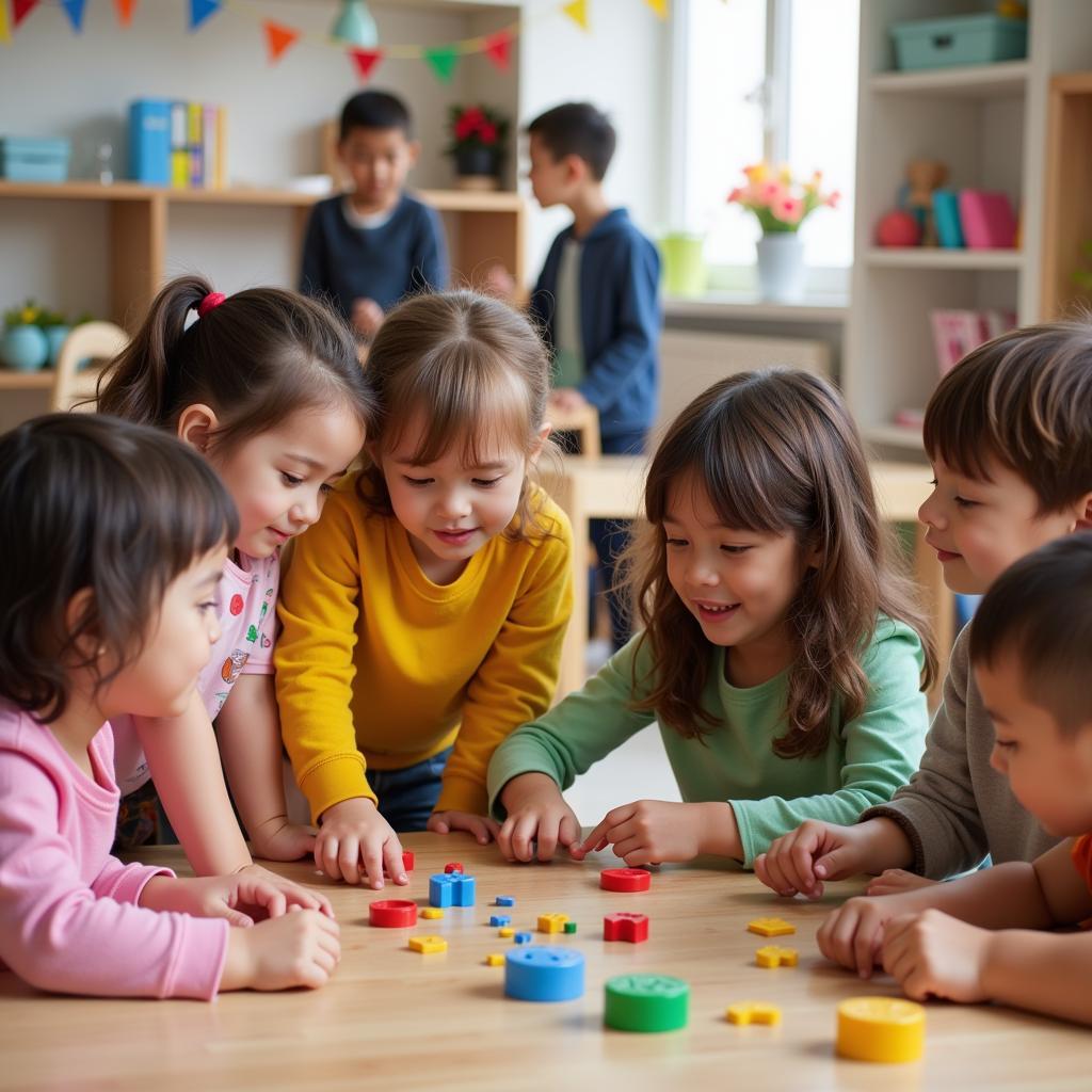 Diverse group of children playing together at an early learning center