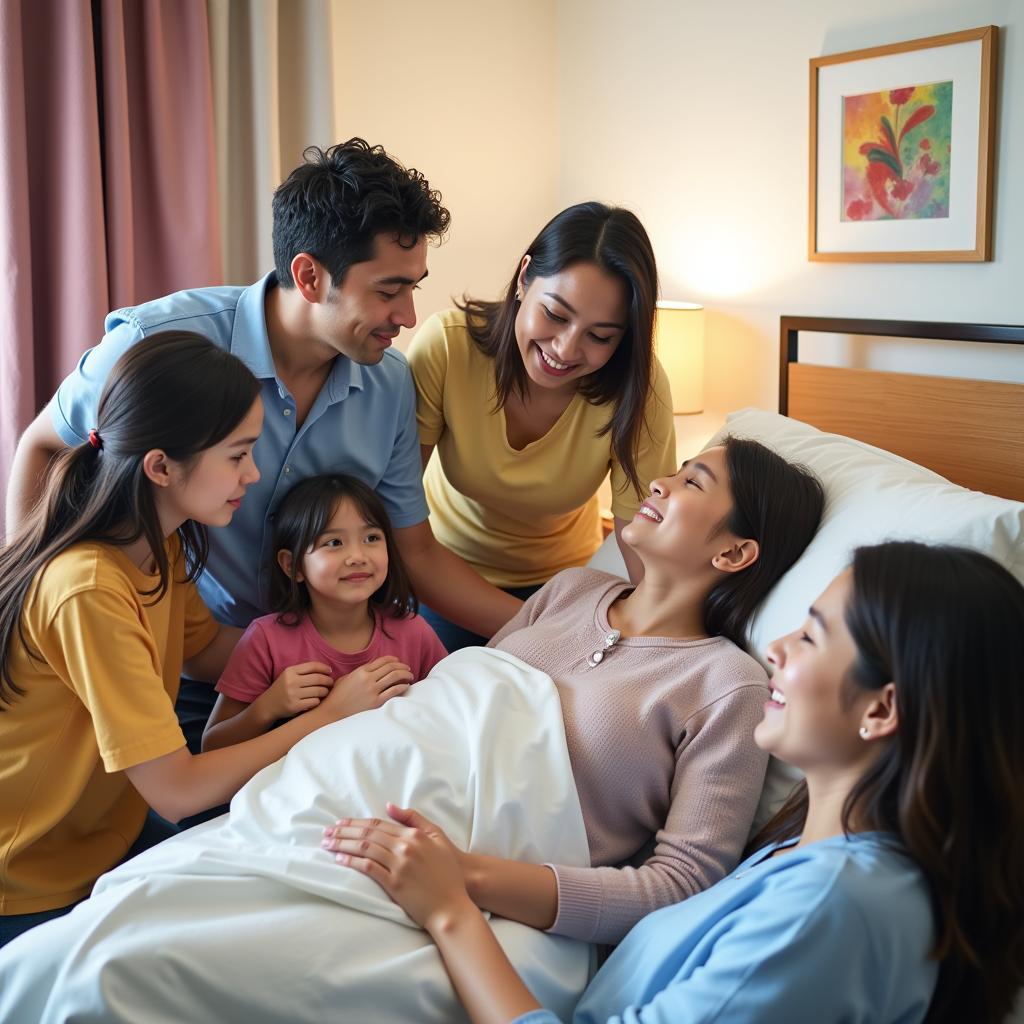 Family members comforting a patient in a warm and welcoming room at Divine Redeemer Hospital.