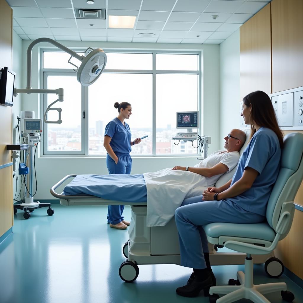 A doctor examining a patient in a bright, modern hospital room in Virginia Beach.