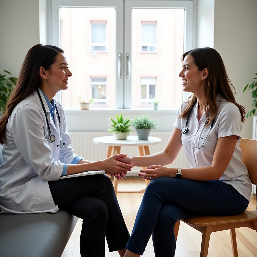 A doctor and patient having a consultation in a community hospital setting.