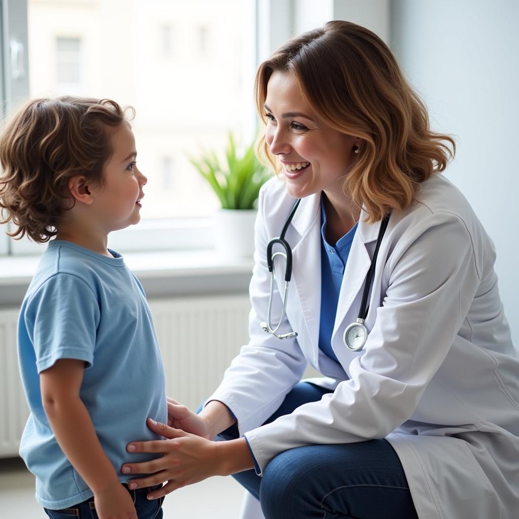 A doctor patiently talking to a child in a hospital setting, explaining medical procedures.