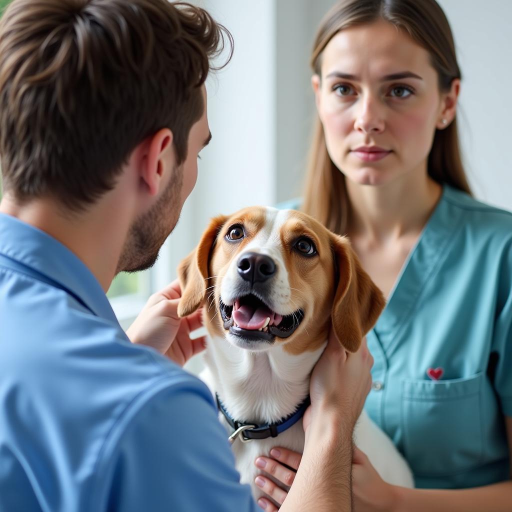 Dog Receiving Veterinary Care with Owner Looking Concerned