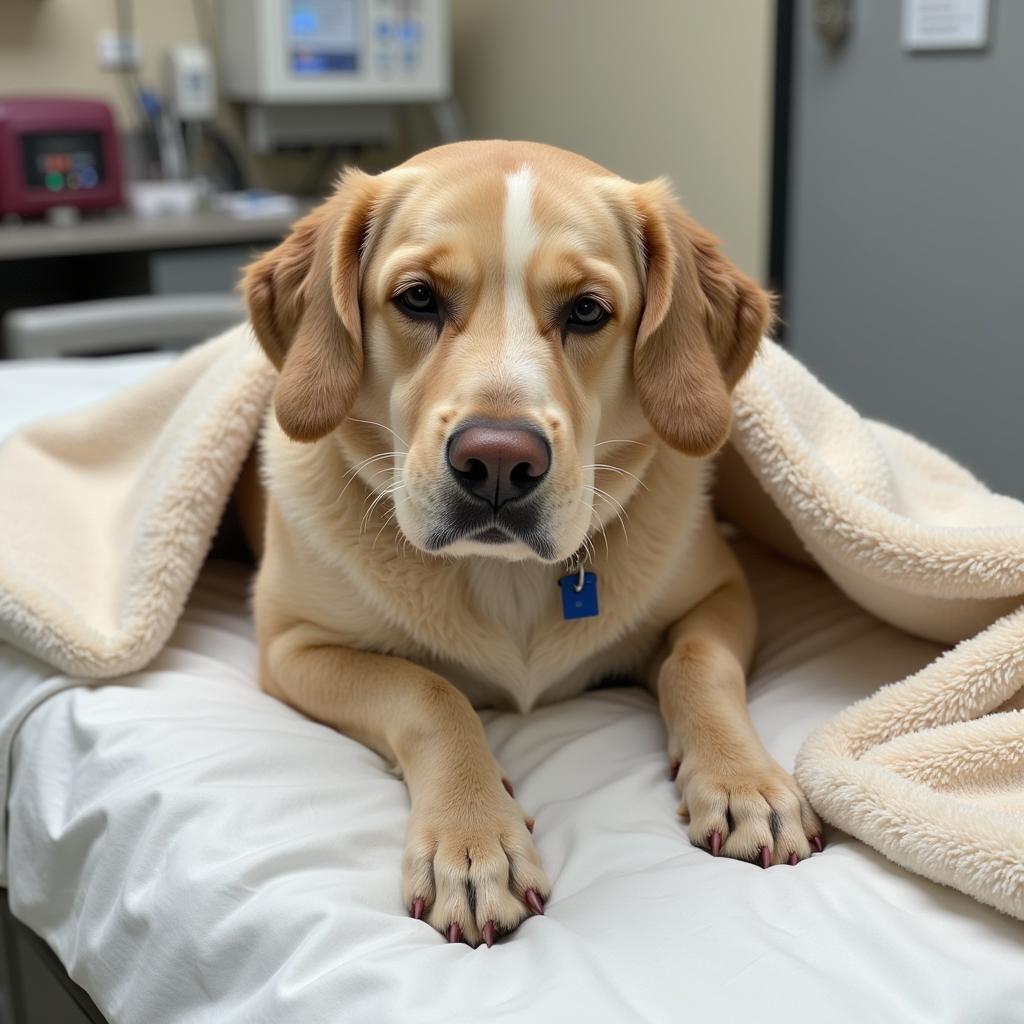 Dog recovering in a hospital bed at the veterinary clinic.