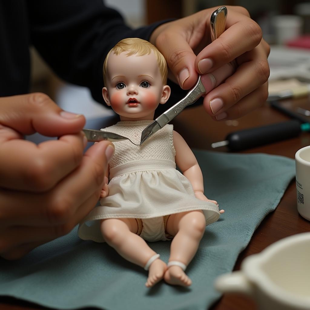 A doll doctor meticulously repairing an antique doll