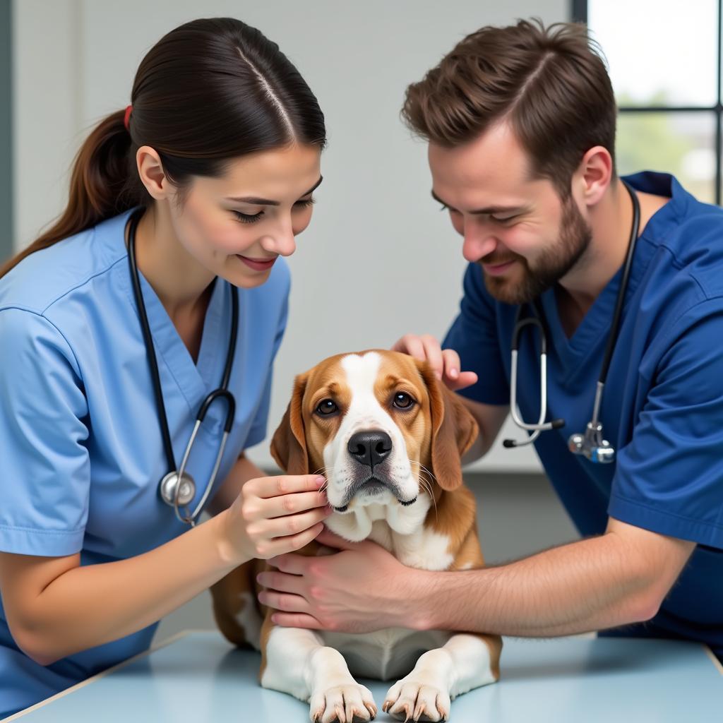 Caring veterinary staff interacting with a pet