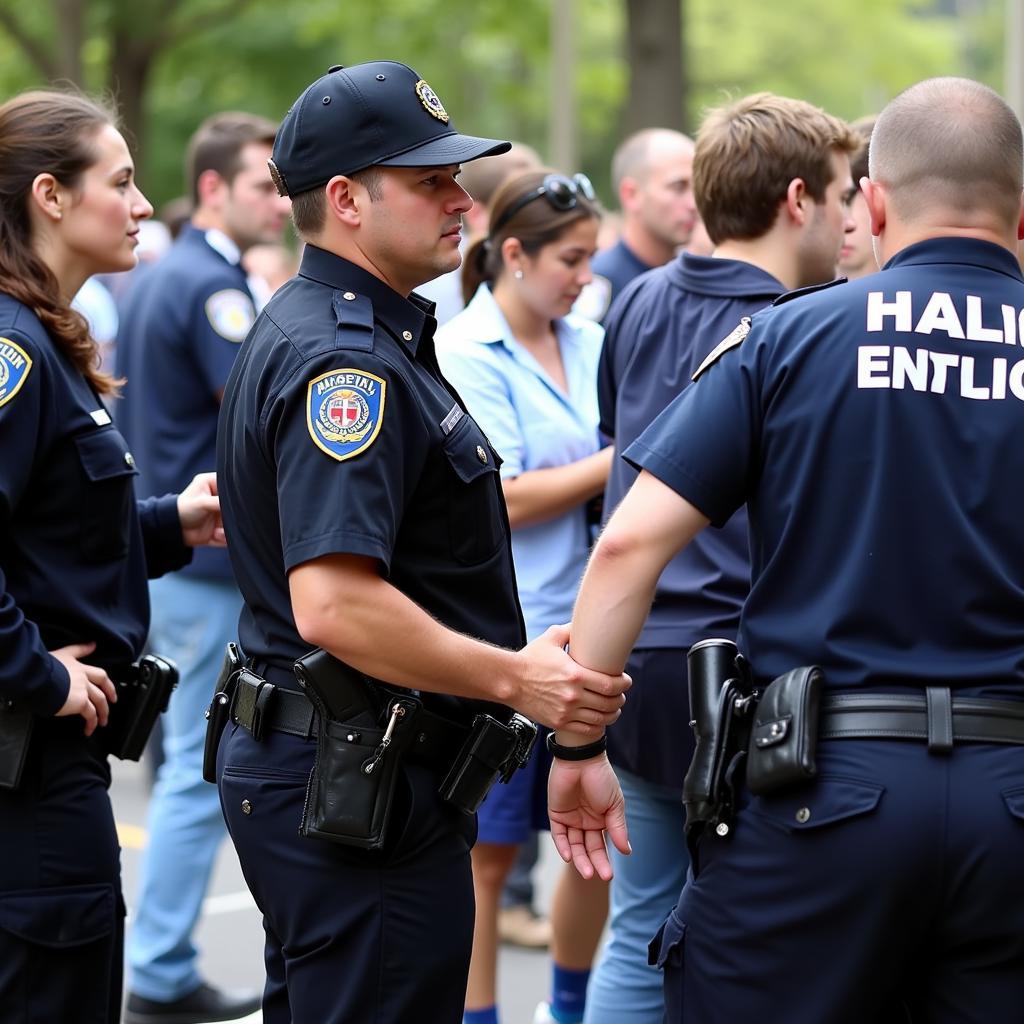 An ECMC Hospital Police officer responding to a medical emergency within the hospital, assisting medical staff and ensuring the safety of the area.