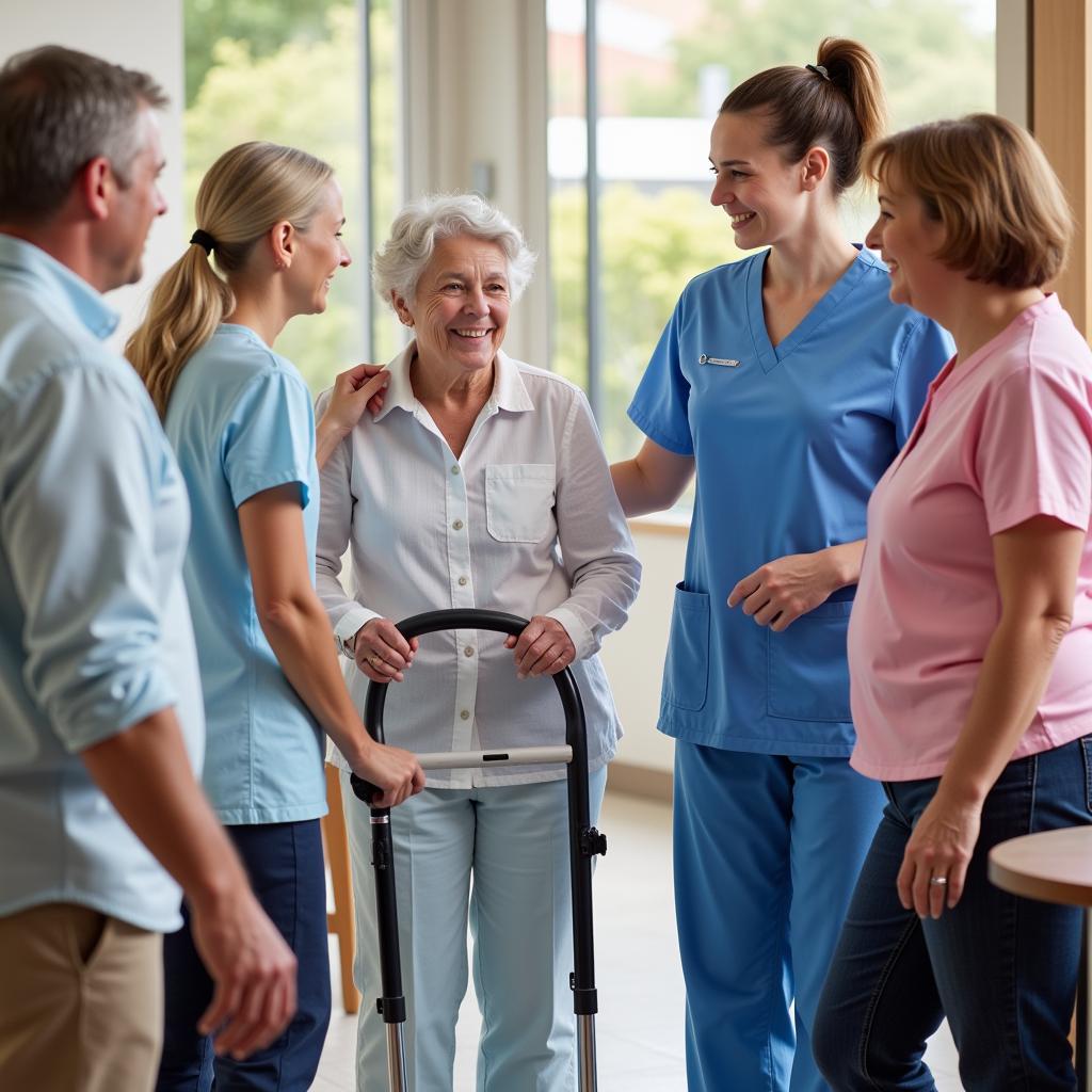 Supportive staff interacting with elderly patients in a hospital setting