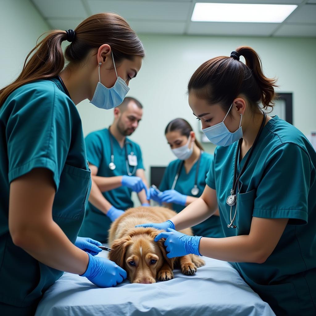 Veterinary team providing emergency care to a pet