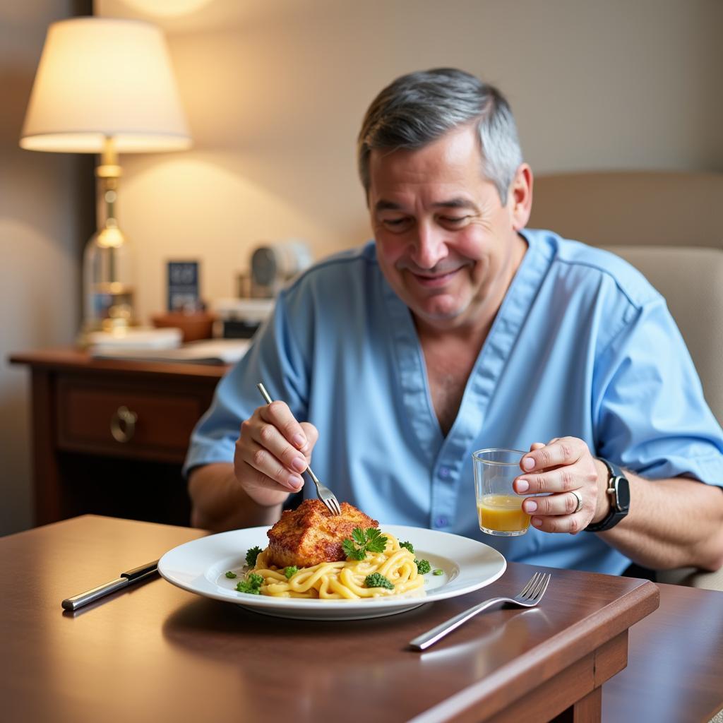 A patient enjoying a delicious and nutritious meal prepared by San Jose Hospital's culinary team.