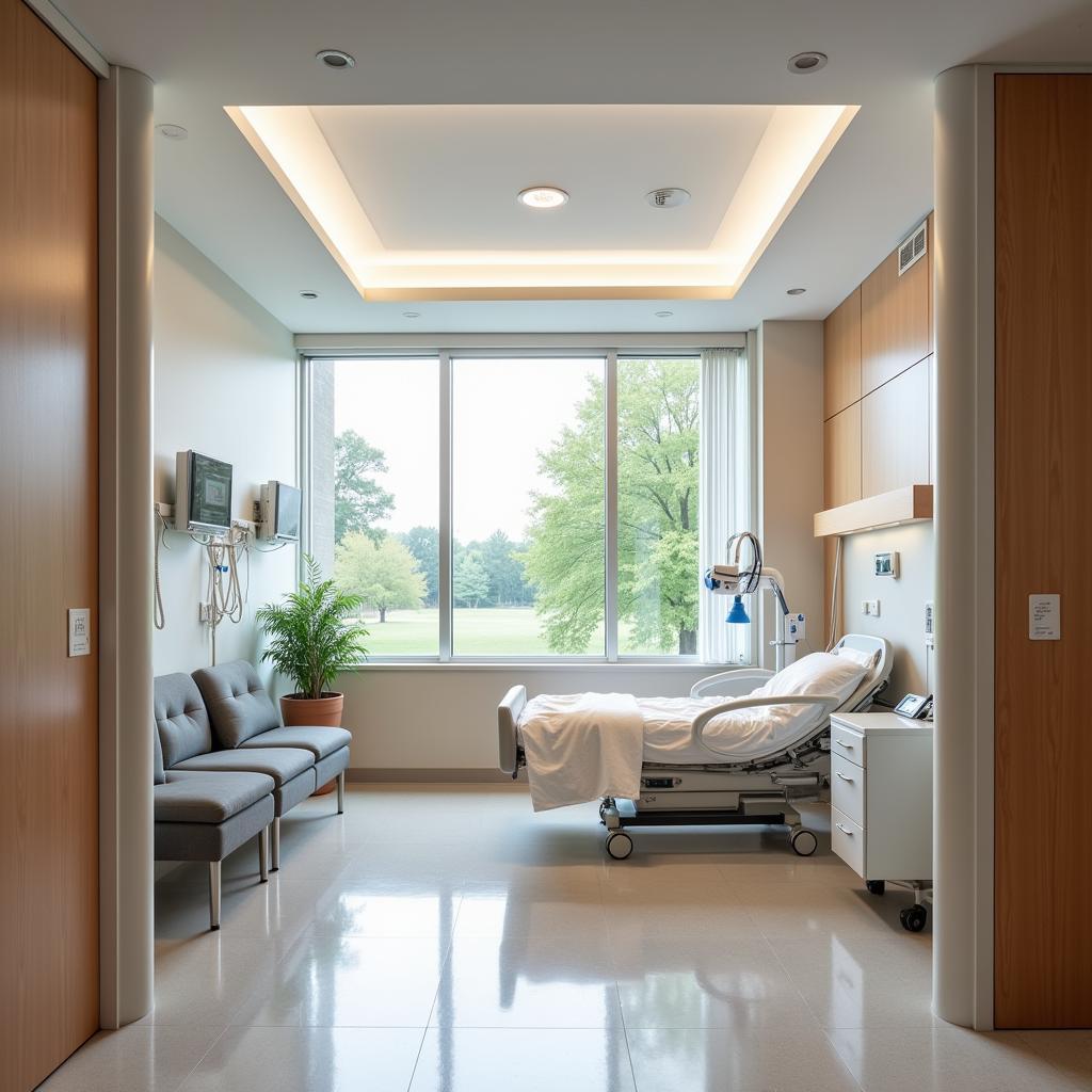 A spacious and well-appointed patient room at San Jose Hospital, featuring modern amenities and comfortable furnishings.